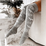 Women’s Christmas Knitted Over-the-Knee Stockings – Elk & Snowflake Winter Long Socks