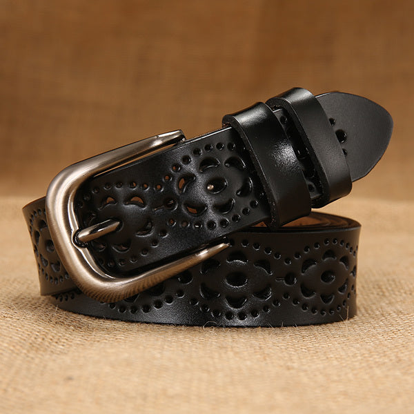 Hollow Carved Leather Belt – Women’s Pin Buckle Belt in Multiple Colors & Sizes