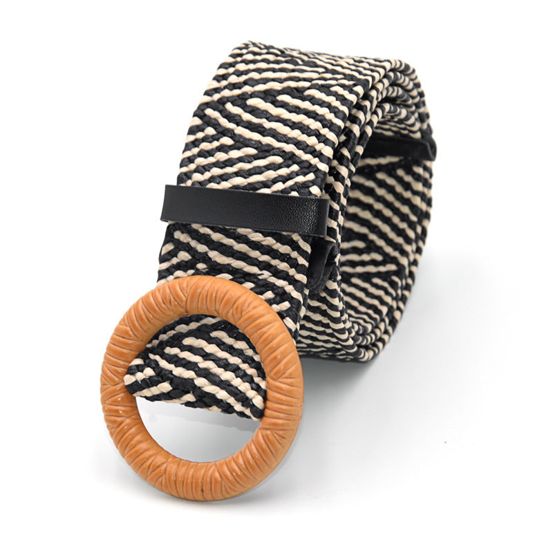Boho Woven Waist Belt – Wide Linen-Inspired Belt with Round Buckle