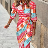 Fashion Printed Shirt Dress With Belt Slim Fit Three-quarter Sleeve Lapel Dress For Women Clothing