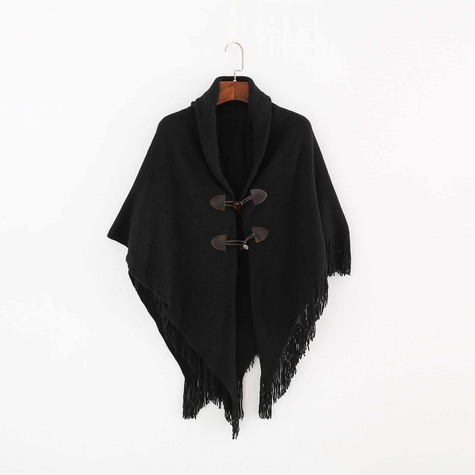 Hooded Knit Poncho Cape – Loose Fit Winter Cardigan with Toggle Closure