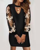Elegant V-Neck Long Sleeve Dress – Lace Splicing Spring Autumn Dress