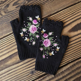 Embroidered Knitted Floral Gloves – Women’s Warm Half Finger Design