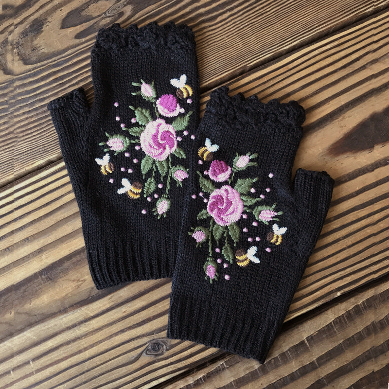 Embroidered Knitted Floral Gloves – Women’s Warm Half Finger Design