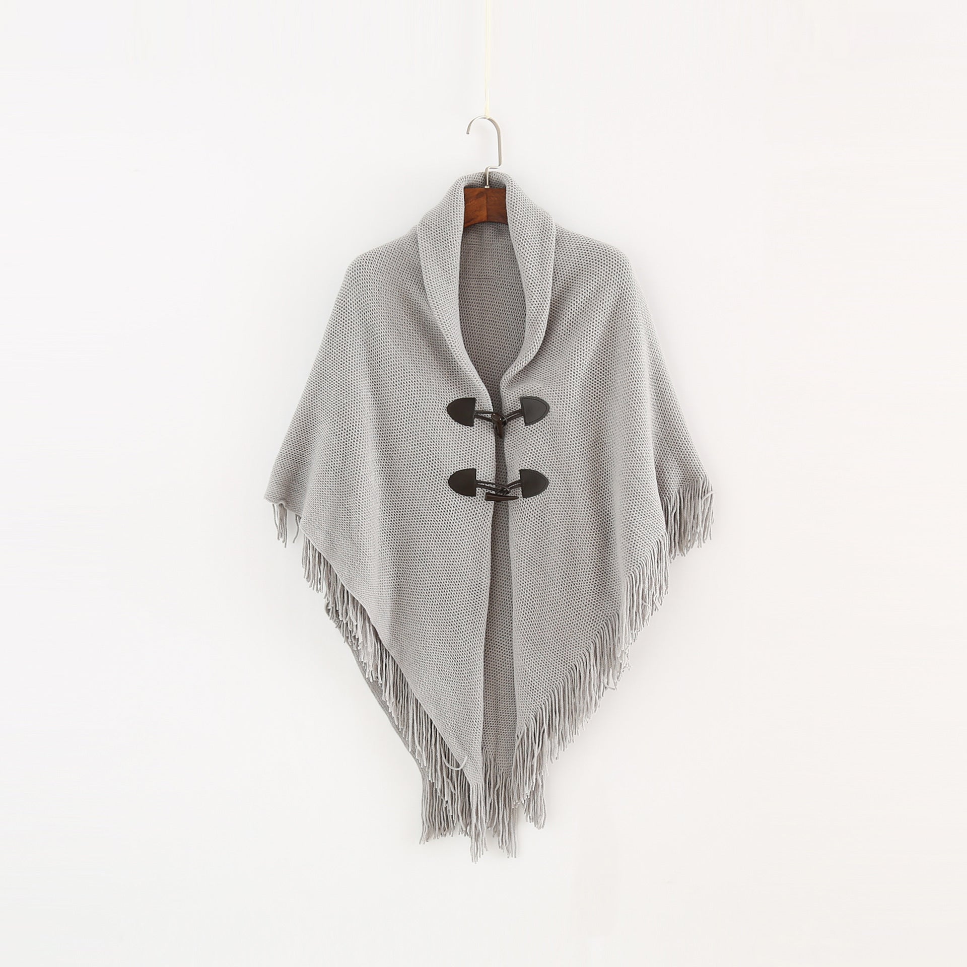 Hooded Knit Poncho Cape – Loose Fit Winter Cardigan with Toggle Closure