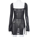 Ins Square-neck Long Sleeve Dress Fashion Slim Hip-covering Split Design Short Skirt Women's Clothing
