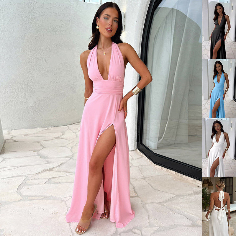 Sexy Halterneck V-Neck Maxi Dress – Backless Strappy Slit Summer Dress