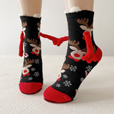 Christmas Magnetic Couple Socks – Cute Elk, Santa & Snowman Hand-Holding Design