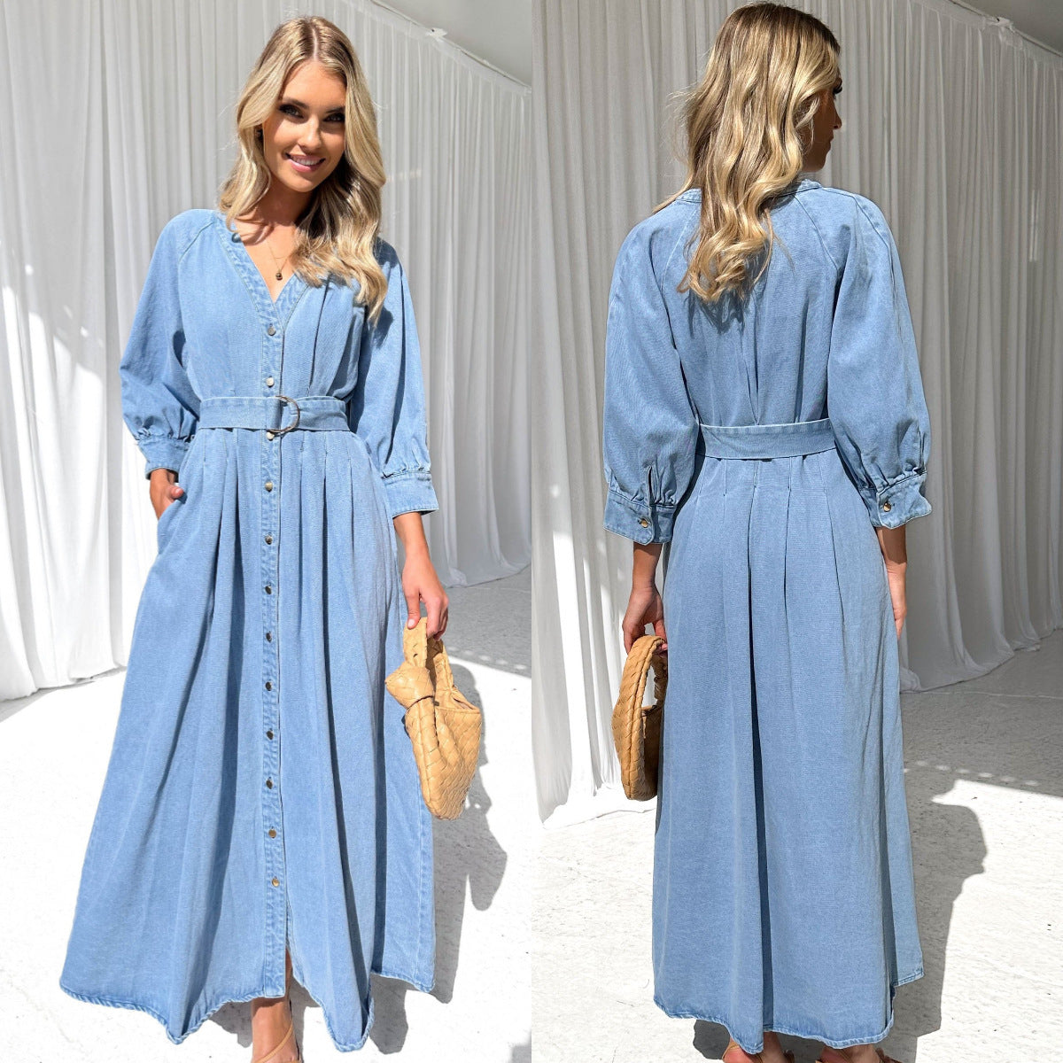 V-neck Lace-up Waist Trimming Casual Button Denim Dress