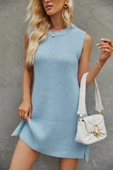 Women’s Round Neck Sleeveless Summer Dress – Solid Color with Side Slit