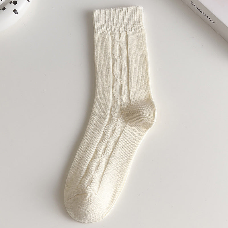 Women’s White Cotton Mid-Calf Socks – Thick Diamond Lattice Autumn/Winter