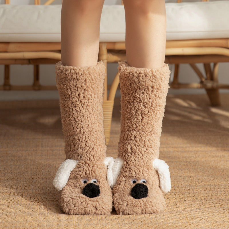 Women’s Plush Dog Floor Socks – Cute Non-Slip Winter Warm Design