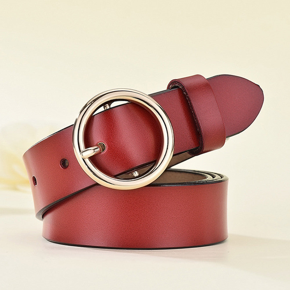 Round Buckle Leather Belt – Classic Cowhide Waistband for Women