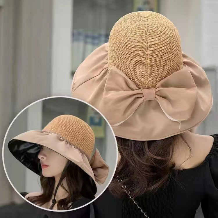 Women’s Straw Sun Hat – Large Brim with Big Bow UV Protection