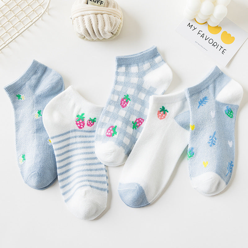 Cartoon Low-Cut Ankle Socks – Cute Bear & Strawberry Designs (5 Pairs)