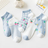 Cartoon Low-Cut Ankle Socks – Cute Bear & Strawberry Designs (5 Pairs)