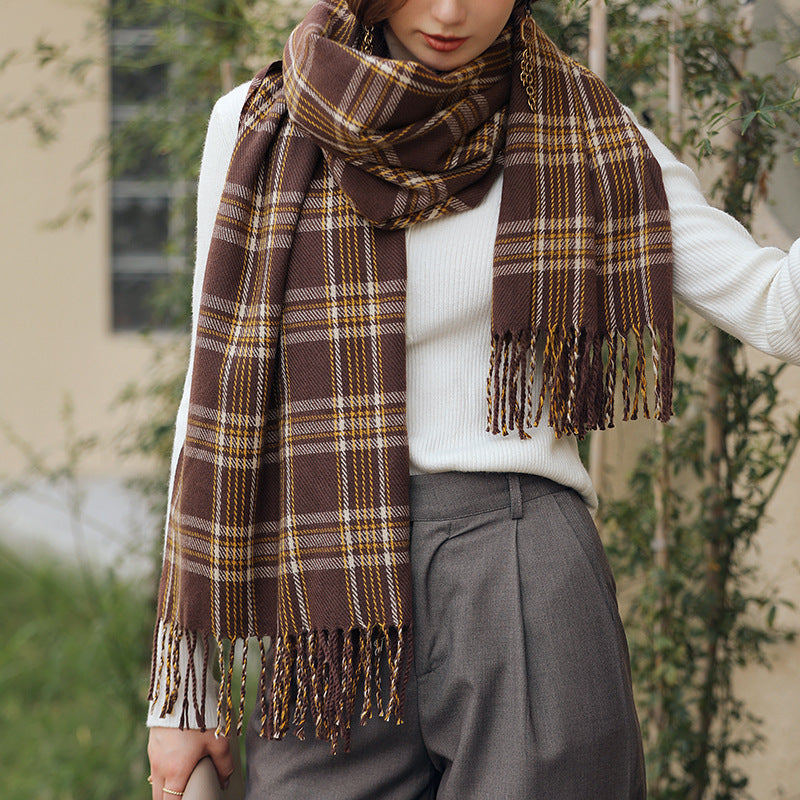 Plaid Cashmere-Feel Scarf – Soft Korean-Style Winter Wrap