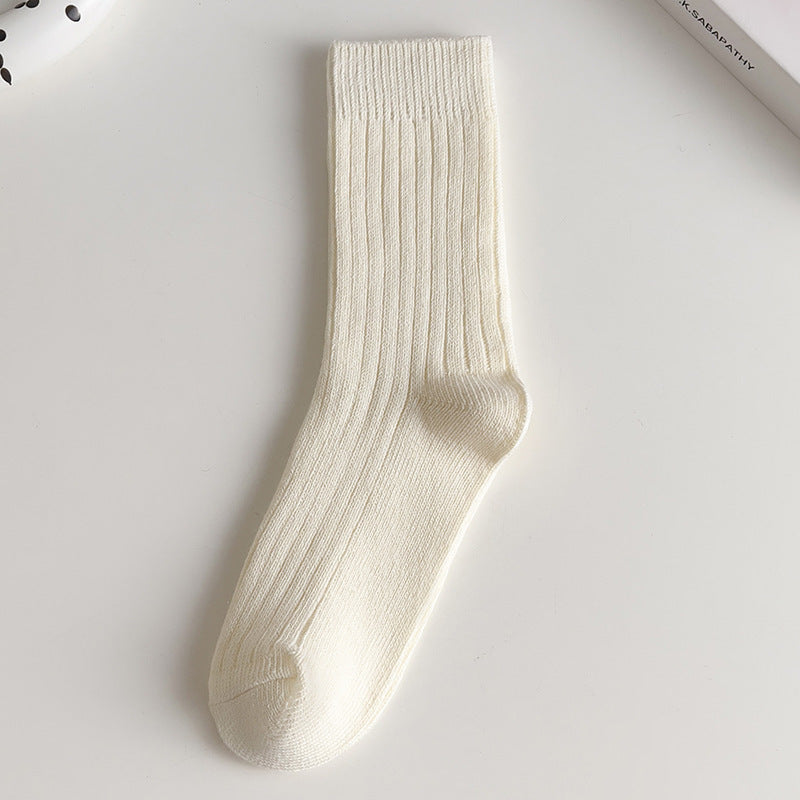 Women’s White Cotton Mid-Calf Socks – Thick Diamond Lattice Autumn/Winter