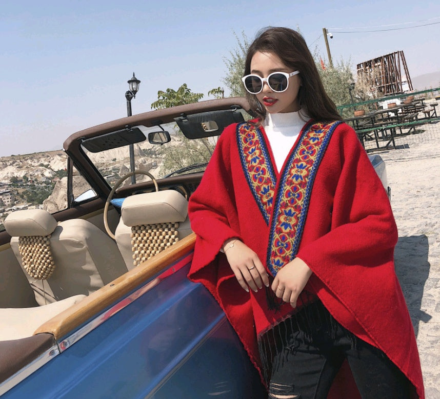 Ethnic Hooded Cloak Shawl – Embroidered Winter Wrap for Travel & Cold Weather