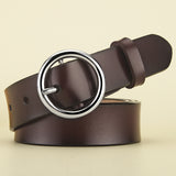 Round Buckle Leather Belt – Classic Cowhide Waistband for Women