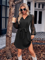 Women’s V-neck Tie Waist A-Line Dress – Elegant Long Sleeve Style