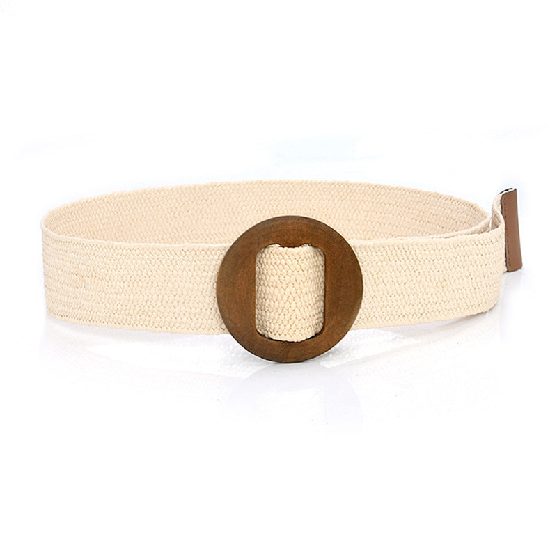 Boho Woven Waist Belt – Wide Linen-Inspired Belt with Round Buckle