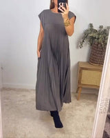 Women’s Pleated Long Summer Dress – Sleeveless Round Neck Maxi Dress