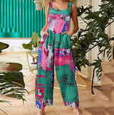 Boho Patchwork Printed Suspender Jumpsuit – Loose Cotton Wide-Leg One-Piece