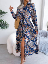 Retro Floral Stand Collar Belted Shirt Dress Long Skirt Women's Fashion Full Sleeve Regular Waistline Ankle-Length