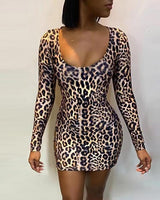Women's Leopard Print Backless Lace-up Long Sleeve Dress