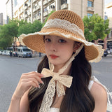Women’s Lace Bow Straw Sun Hat – Wide Brim Summer Beach Hat