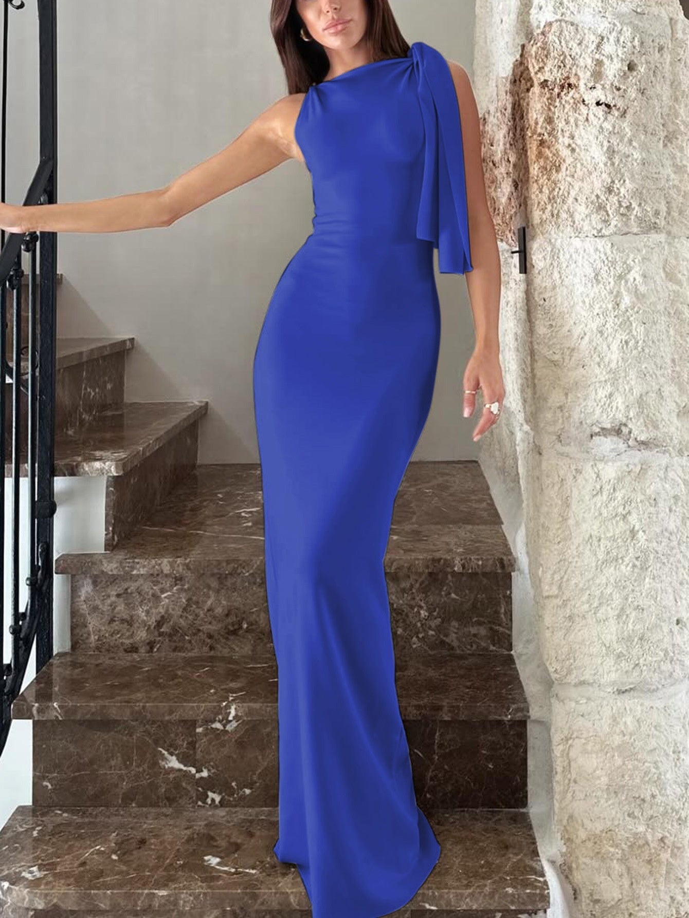 One-Shoulder Ribbon Maxi Dress – Slim Sleeveless Evening Party Dress
