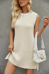 Women’s Round Neck Sleeveless Summer Dress – Solid Color with Side Slit