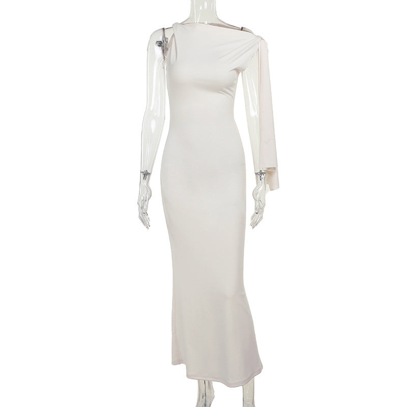 One-Shoulder Ribbon Maxi Dress – Slim Sleeveless Evening Party Dress