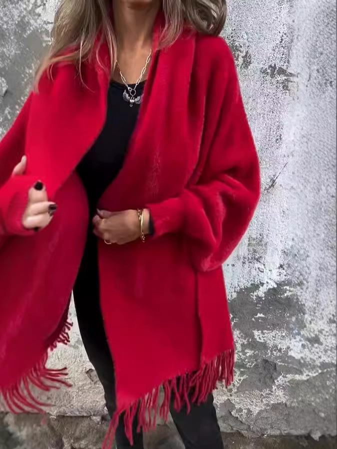 Tassel Knit Cardigan – Batwing Sleeve Loose Fit Shawl