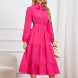 Women’s Elegant A-Line Bow Tie Midi Dress – Long Sleeve Slim Fit
