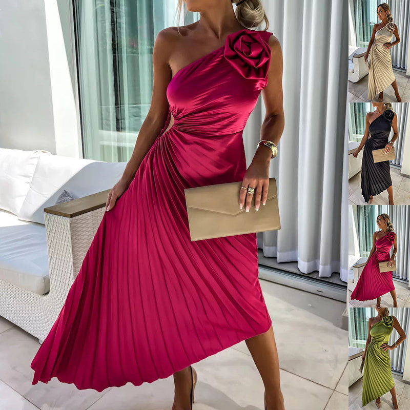 Ins Pleated One-Shoulder Dress With Big Rose Flower – Sexy Asymmetrical Evening Party Dress