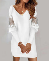 Elegant V-Neck Long Sleeve Dress – Lace Splicing Spring Autumn Dress