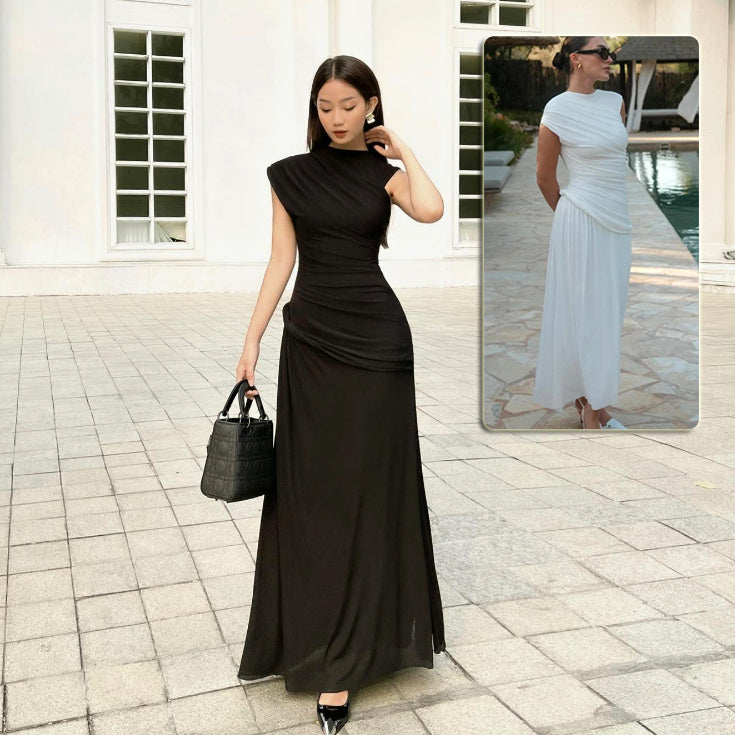 Elegant Pleated Round Neck Maxi Dress – Sleeveless Irregular Hem