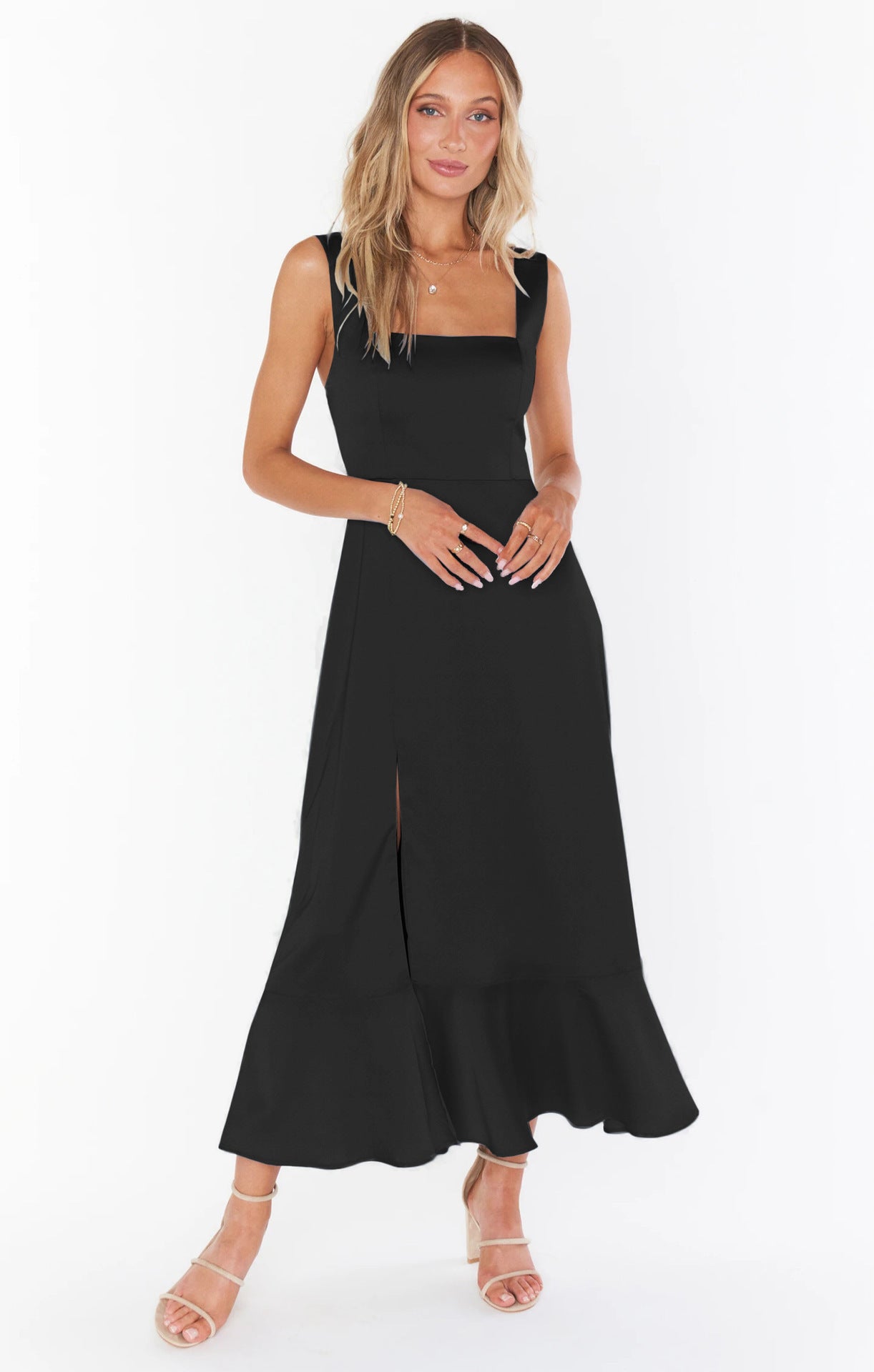 Women’s Summer Suspender Split Dress – Lace-up Design & Ruffled Hem