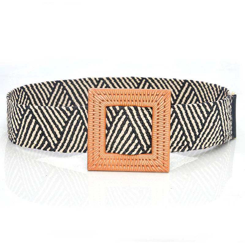 Boho Woven Waist Belt – Wide Linen-Inspired Belt with Round Buckle