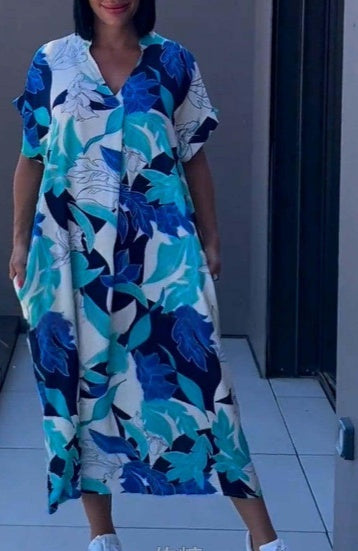 Casual V-Neck Printed Loose Dress – Short Sleeve Summer Maxi