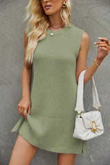 Women’s Round Neck Sleeveless Summer Dress – Solid Color with Side Slit