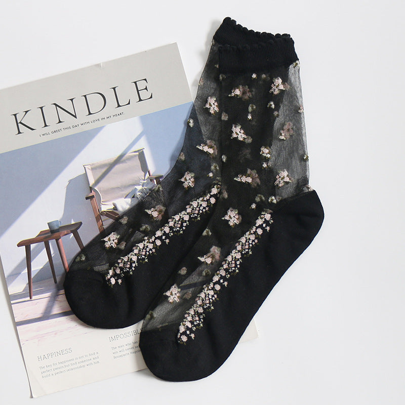 Women’s Jacquard Crystal Crew Socks – Elegant Sheer Design