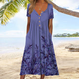 Women's Printed V-neck Dress With Button Pocket