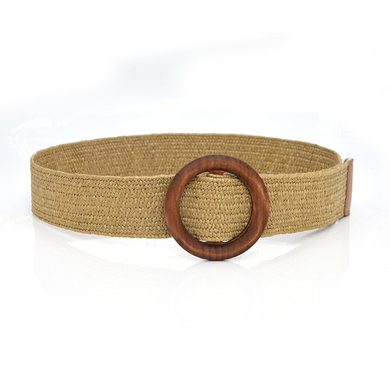 Boho Woven Waist Belt – Wide Linen-Inspired Belt with Round Buckle