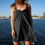 Women’s Solid Color Loose Square Collar Jumpsuit – Summer Casual Suspender Shorts