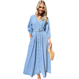 V-neck Lace-up Waist Trimming Casual Button Denim Dress