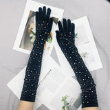 Warm Gold Velvet Gloves – Elegant Long Black Finger Style