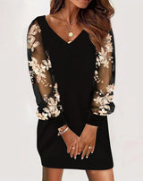 Elegant V-Neck Long Sleeve Dress – Lace Splicing Spring Autumn Dress